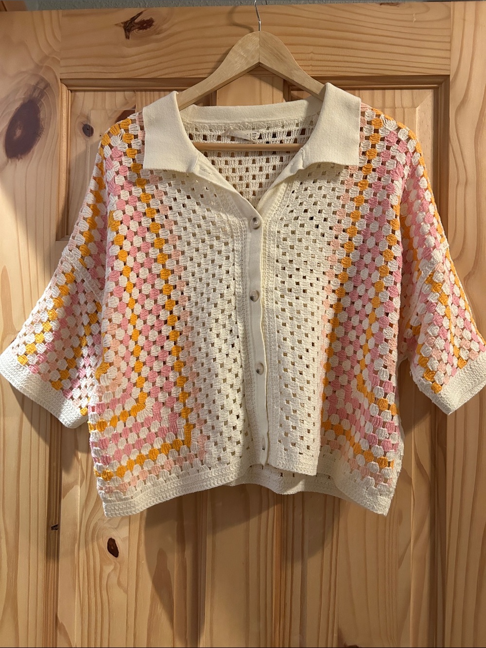 Cream Open-Weave Button-Front Cardigan with Pink & Yellow Accents
